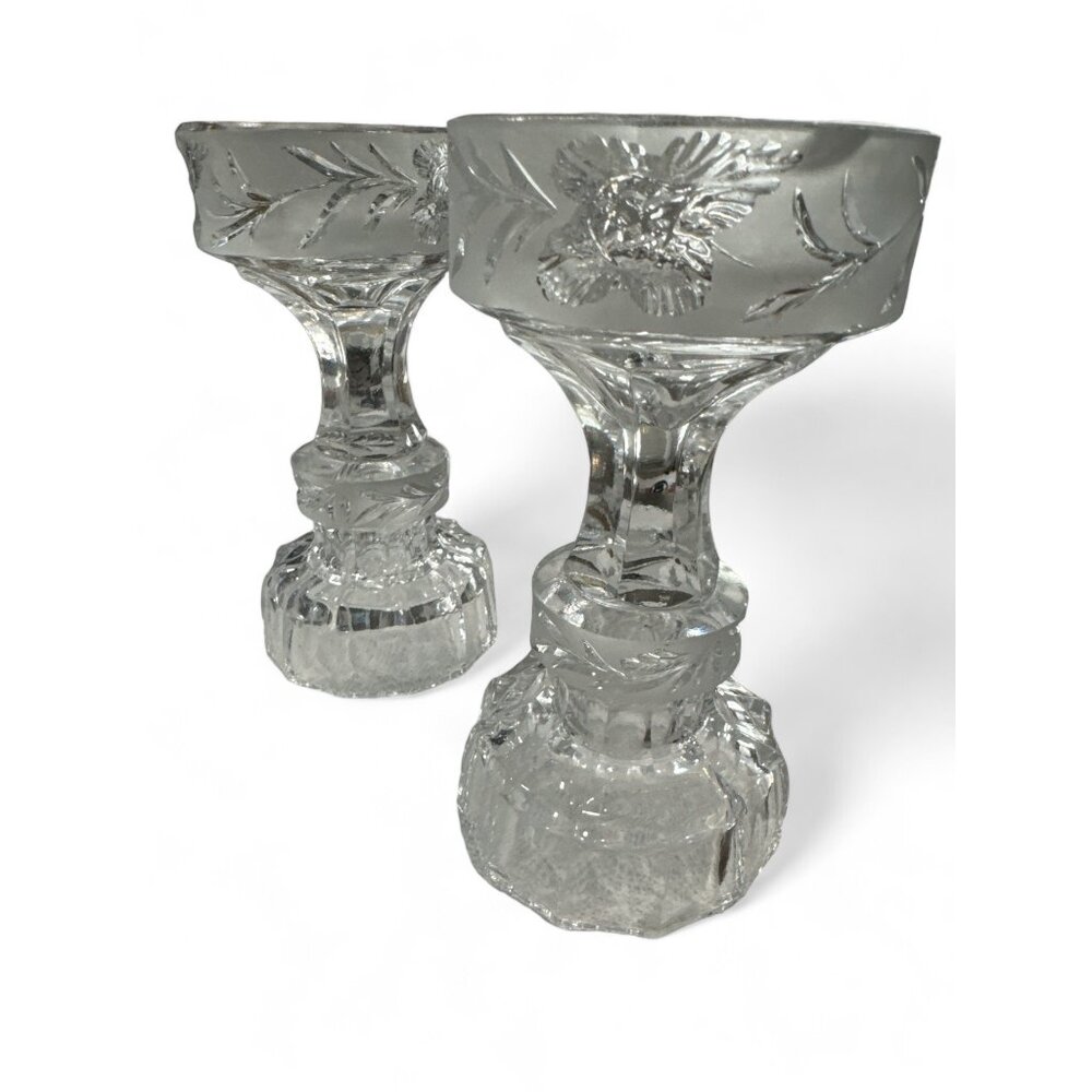 Vintage Crystal Candle Holders With Engraved Floral Design heavy votive set